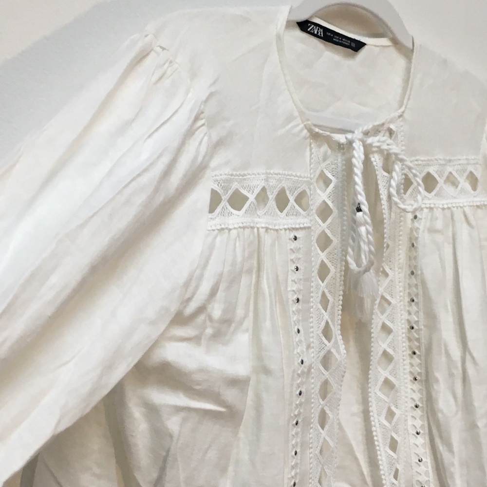 Zara Linen Cotton Embroidered Blouse Medium Cream Front Tassel Tie Beaded Boho - Picture 4 of 10